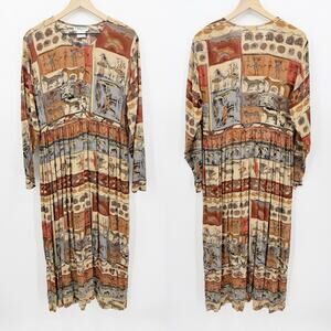 Vtg 90s Timbuktu Tribal Print Crinkle Maxi Dress Folk Art Teacher Boho M Ethnic